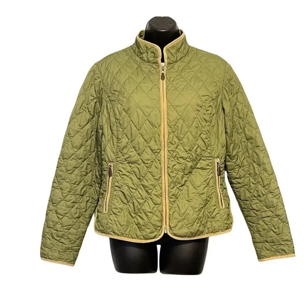 Eddie Bauer Mod Quilt Jacket Womans L Green Puffer Full Zip Buttoned Pockets
